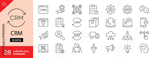 CRM icons set. Includes symbols of customer relationship management, client data, communication, analytics, sales, and customer support. Editable stroke. Vector illustration. Outline icons.