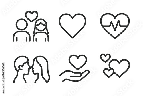 Love and romance line icon set. Vector icons for couple, relationship, heartbeat, kiss, care, and feelings. Perfect for web design, apps, and Valentine's Day projects.