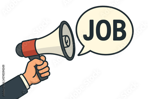 Job announcement concept. Hand holding megaphone with job speech bubble. Loudspeaker for hiring and recruitment. We are hiring banner for business, marketing and advertising.