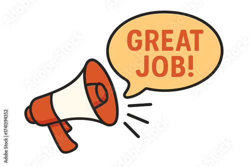 Megaphone with Great Job speech bubble. Loudspeaker for business, marketing, advertising. Vector illustration for appreciation, recognition, praise, good work, success concept.