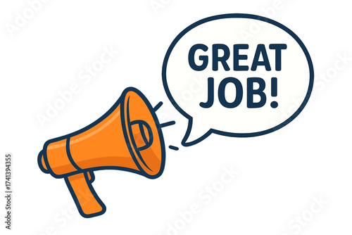 Megaphone with Great Job speech bubble. Concept of recognition, appreciation, and positive feedback. Loudspeaker for announcement, marketing, and business success. Praise for good work.