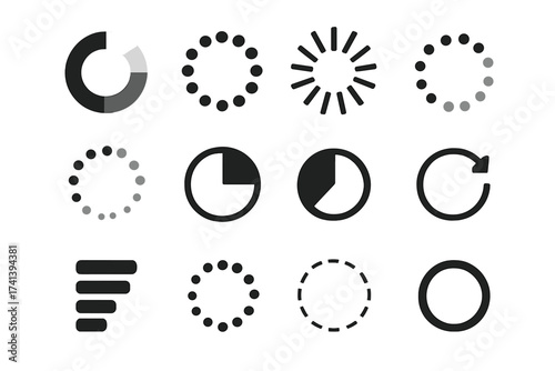 Loading icon set. Buffer loader or preloader symbols. Download or upload progress indicator collection. Simple web download elements. Vector illustration on transparent background.