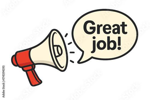 Megaphone with Great Job speech bubble. Loudspeaker announcing success. Concept of appreciation, recognition, positive feedback. Good work praise for employee motivation.