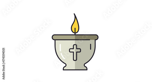 Lit Baptismal Font with Cross Symbol and Flame.
