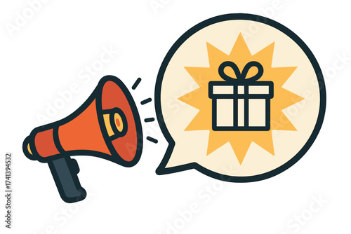 Megaphone with enter to win prizes speech bubble. Loudspeaker announcing a giveaway contest. Banner for business, marketing and advertising. Vector illustration gift box icon.