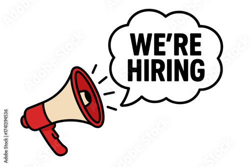 We're hiring announcement with megaphone. Loudspeaker shouting for recruitment. Job vacancy and employment opportunity concept. Business recruiting banner vector illustration.
