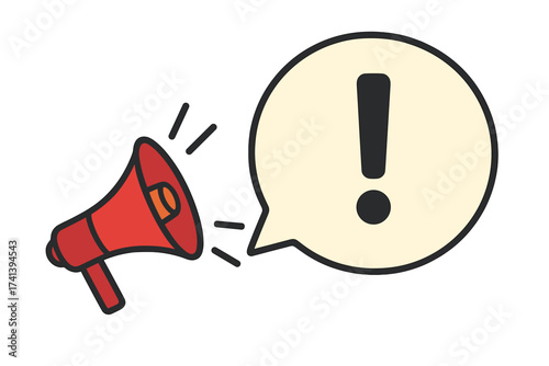 Megaphone with exclamation mark speech bubble. Loudspeaker for important announcement, notification or alert. Attention concept for business, marketing and advertising. Vector.