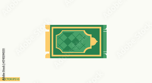 Green Islamic Prayer Rug with Geometric Pattern and Tassels.