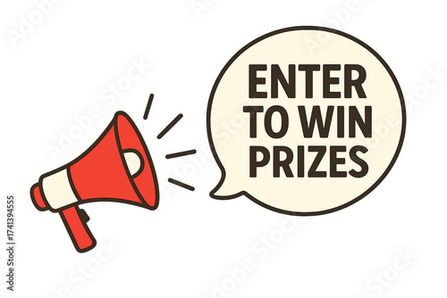 Enter to win prizes announcement with megaphone. Loudspeaker in speech bubble for contest promotion. Giveaway marketing banner for business advertising and lottery vector.