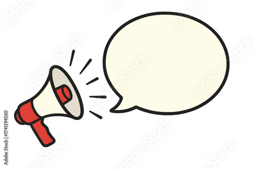 Megaphone loudspeaker with speech bubble vector illustration. Communication, announcement, advertising, promotion, and marketing concept. Grand opening, sale, alert, attention icon.