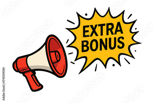 Megaphone with extra bonus speech bubble. Loudspeaker for business, marketing and advertising announcement. Vector illustration of a special promotion offer or sale banner.