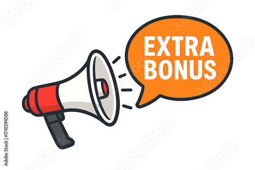 Megaphone announcing extra bonus. Loudspeaker with speech bubble. Concept of promotion, sale, special offer. Business marketing and advertising banner. Vector illustration icon.