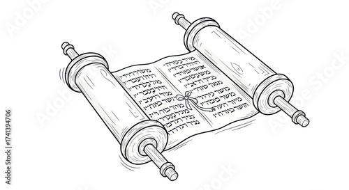 Hand-drawn black and white sketch of an open ancient Torah scroll with Hebrew scripture.