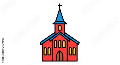 Colorful Cartoon Church with Red Walls Blue Roof and Cross Steeple.