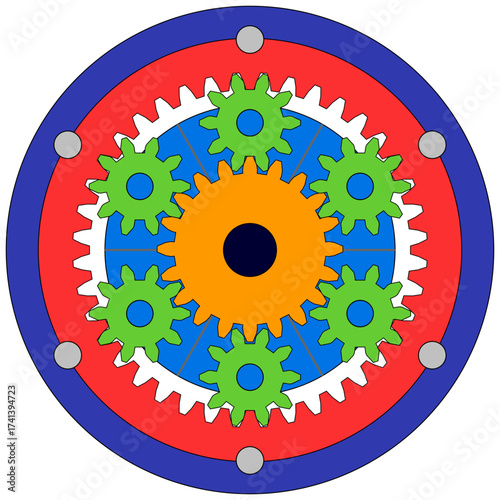 Colorful planetary gear system illustration