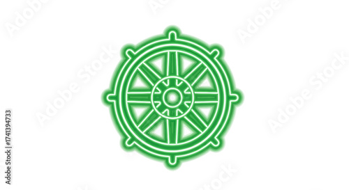 Green Illuminated Dharma Wheel Symbol on White Background.