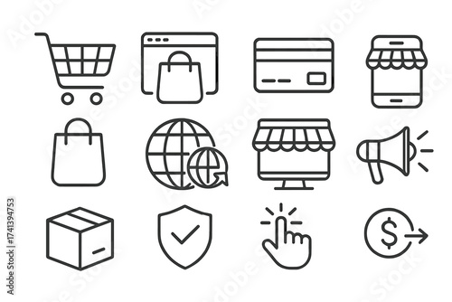 E-commerce and online shopping vector icon collection in thin line style. Set of web symbols for digital marketing, mobile shop, secure payment, credit card, and delivery.