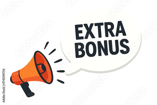 Megaphone with extra bonus speech bubble. Loudspeaker for business, marketing and advertising. Special offer announcement. Promotion banner. Sale discount icon. Vector illustration.