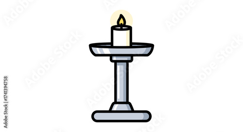 A lit white candle in a silver candlestick holder.