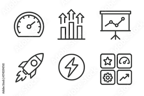 Performance web icons in modern line style, speed gauge, growth charts with arrows, rocket boost concept, power symbol, control panel interface, transparent background vector set