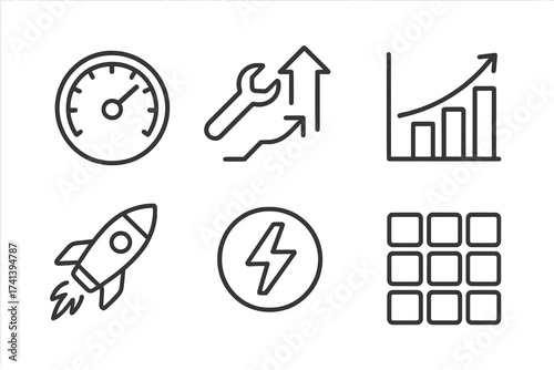 Performance web icons in line style, speedometer, wrench with rising arrows, growth chart, rocket launch, power symbol, grid collection, vector illustration with transparent background