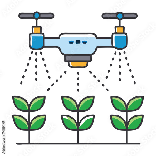 Precision Farming with Drone Technology: This illustration features a cutting-edge drone equipped with precision spraying technology, hovering above a thriving crop of green plants.