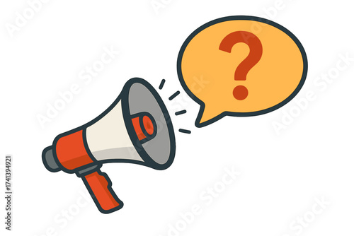 Megaphone with question mark speech bubble. Quiz time, survey, and feedback concept. Loudspeaker for business, marketing, or advertising announcement. FAQ and help vector icon.