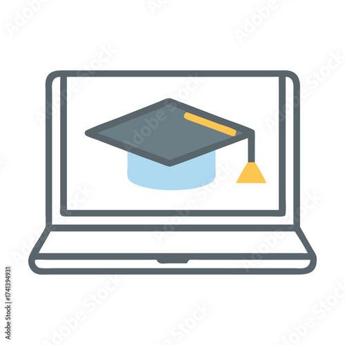 Digital Education: An illustration of a graduation cap atop a laptop screen. Symbolizing online learning and educational advancement.