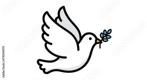 White Dove of Peace with Olive Branch in Flight.