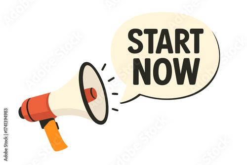 Megaphone with Start Now speech bubble. Loudspeaker for business promotion and advertising. Call to action concept. Motivation and urgent announcement vector illustration.