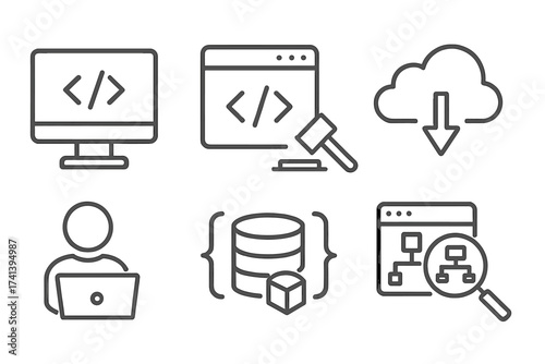 Programming and coding web icons in line style, software development symbols, legal code, cloud computing, programmer, data management, technology vector illustration transparent