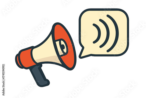 Megaphone with speech bubble. Loudspeaker for announcement, promotion, and marketing. Business advertising banner. Speak up, alert, news message. Vector illustration isolated.