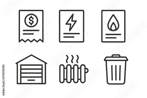 Public utilities icons set in modern line style, rent receipt, electricity bill, water, gas, garage garage door, heating radiator, waste bin collection, vector illustration