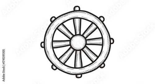 Hand-drawn illustration of a Dharma wheel with eight spokes.
