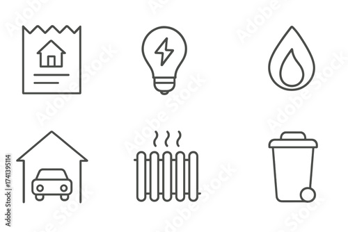 Public utilities line icon set. Household expenses vector symbols. Rent receipt, electricity bill, water drop, gas flame, heating radiator, garage, and garbage collection.