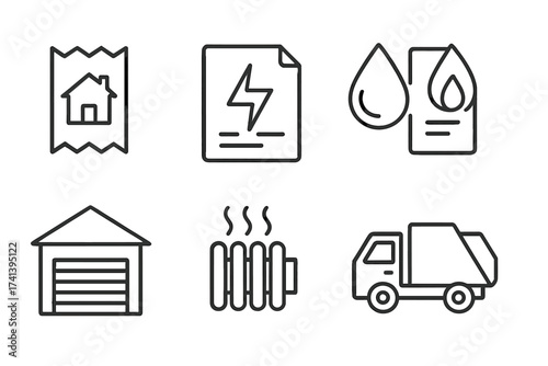 Set of Public Utilities Icons in Line Style with Rent Receipt, Electricity Bill, Water and Gas Bills, Garage, Heating Radiator, and Garbage Truck Symbols in Vector Illustration