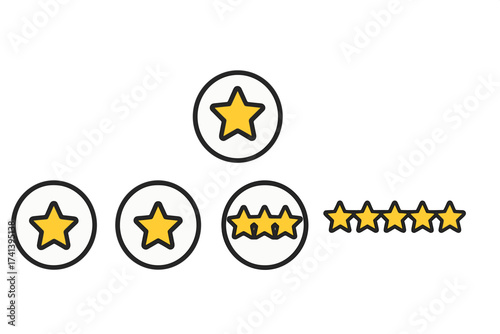 Rating stars and badges vector set, feedback and customer satisfaction, level of satisfaction with five star ranking icons, product review symbol, quality rating, rank and evaluation concept