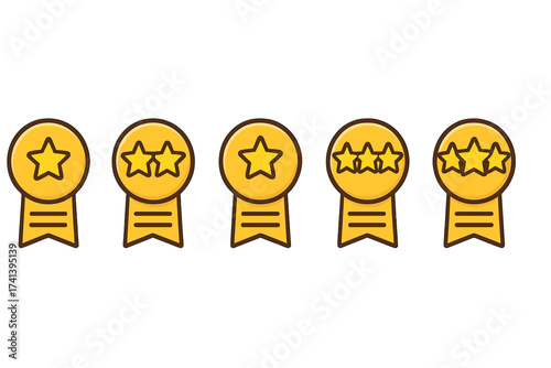 Gold rating stars badges collection. Customer feedback and satisfaction level icons. Five stars product review, rank, and rating vector illustration set with 1 to 5 stars.