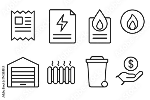 Public utilities line icon set. Household expenses and services vector collection. Rent receipt, electricity bill, water, gas, heating, garage, and waste collection icons.