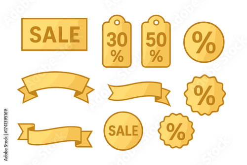 Gold Sale Tags and Discount Labels Collection with 30%, 50%, 70% Off Percentage Badges, Ribbons, Banners, Shopping Icons, Luxury Sale Labels Isolated on White Background Vector