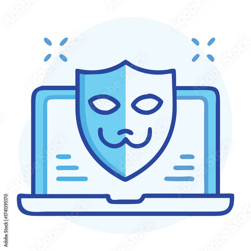 Digital Security Mask: A digital security mask superimposed on a laptop screen, highlighting the concept of online privacy and digital security in the connected world.
