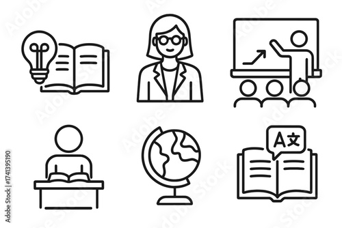 Education and Knowledge Icons Set. Teacher, Classroom, Study, Language Learning, Global Geography, Classroom Presentation, Reading and Learning Vector Line Symbols Collection
