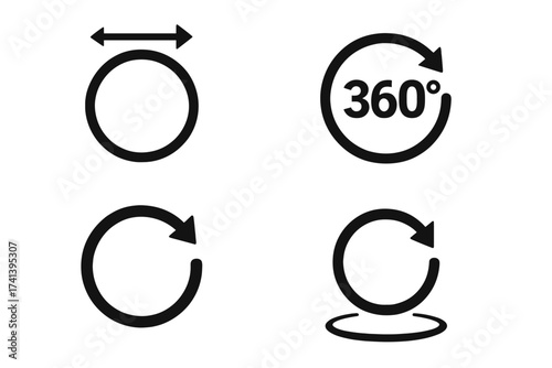 Set of 360 degree rotation vector icons with circular arrows, panoramic view symbols, spin and refresh signs isolated on white background for design