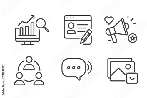 Social media and web icons in line style including data analytics, blogging, SEO, digital marketing, management, messaging, and content collection vector set with modern outline design
