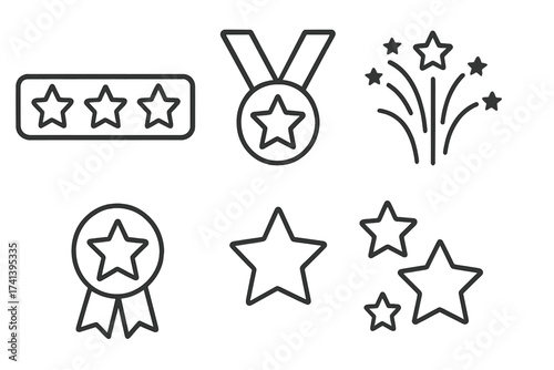 Star icons in line style, rating symbols, medal badges, fireworks, award collection, vector illustration, transparent background, set of star shapes for celebration and achievement