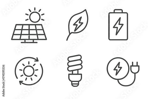 Solar energy icons set in modern line style, solar panel, green energy concept, battery power, renewable energy symbols, eco-friendly energy saving, electric power collection, vector illustration