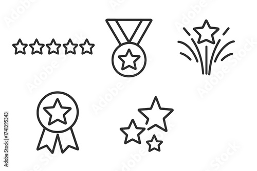 Star icons set in line style for rating, medal, firework, award, and achievement. Vector illustration collection with transparent background, ordered design for quality and recognition symbols.
