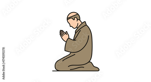 Monk in brown robe kneeling in prayer with hands clasped.