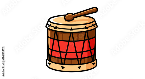 Traditional Cylindrical Drum with Wooden Drumstick.