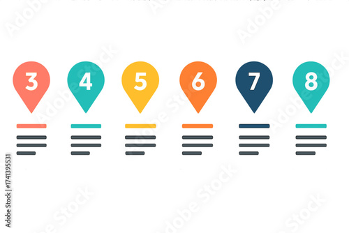 Vector infographic template with 6 colorful numbered steps. Business process diagram for workflow layout, strategy options, timeline. Abstract data visualization with markers 3 to 8.